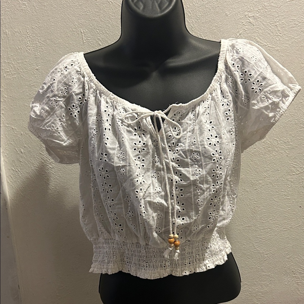 Ambiance White Eyelet Tie-Front Cropped Peasant Top